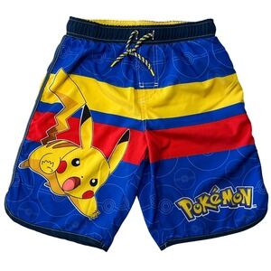 Pokemon Pikachu Swim Trunks Boys Size 10/12 Blue Yellow‎ Red Drawstring